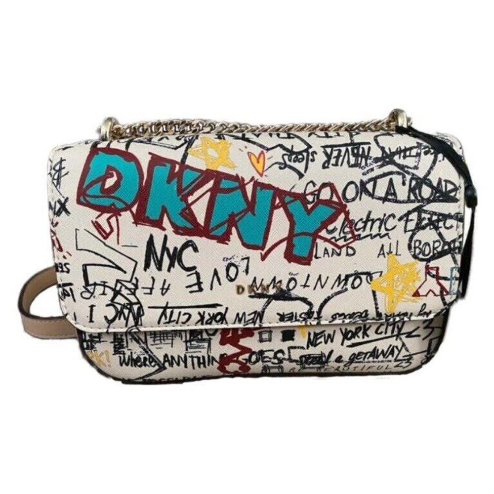 DKNY Sina Crossbody Purse Cream With Graffiti Chain Strap